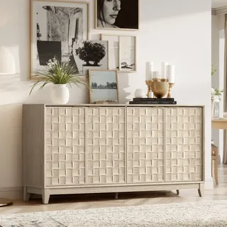 COLAMY Sideboard mit Riffel-Optik und Stauraum – Massivholz Anrichte für das Esszimmer, Schrank-Konsole mit verstellbaren Regalböden, Walnuss-Optik, Mid-Century-Moderne Stil, Eiche Weiß