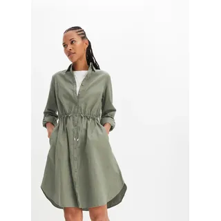 Midikleid BONPRIX "Hemdblusenkleid aus Leinen-Baumwoll-Mix", Damen, Gr. 38, N-Gr, grün (oliv), Obermaterial: 55% Leinen, 45% Baumwolle, A-Linie, Kleider Midikleid, für lässigen Look, aus Leinen-Baumwoll-Mix, in A-Linie, mit Taschen