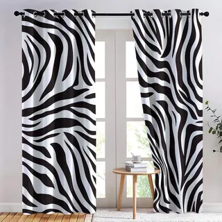 Bedruckte Vorhänge Tier Zebra Streifen Muster Blickdicht Vorhang Schwarz mit Ösen Gardinen Deko Ösenvorhang Dekoschal Dekogardinen für Schlafzimmer Wohnzimmer H166 x B75 cm (2er Pack)