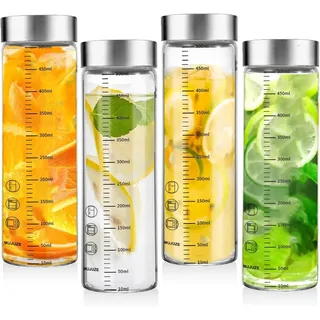 MUJUZE Glasflaschen 500ml mit Edelstahl Deckel,4er Smoothie Gläser Sets mit Messskala,Smoothie Becher to go für Säfte,Smoothies,Milch,Glas-Saftflaschen,BPA-frei,Wiederverwendbar Glaswasserflasche