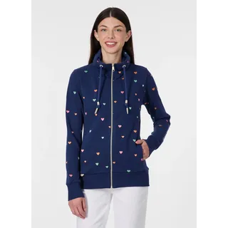 Sweatjacke RAGWEAR "RONETTE HEARTS", Damen, Gr. M, blau (night blau), Sweatware, Obermaterial: 70% Baumwolle, 30% Polyester, bedruckt, normal, Rundhals, Sweatjacken Sweatjacke, Baumwollmischung, innen unbrushed, leicht taillierte Form