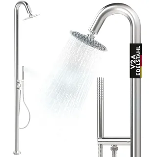 Gartendusche Außendusche V2A Warm- Kaltwasseranschluss Pooldusche Sauna Dusche Garten Warmwasserdusche Kaltwasserdusche Handbrause Pooldusche - Silber