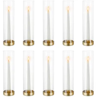 NUPTIO Kerzenständer Goldene Glaszylinder Metall- 10 Stücke Kegel Kerzenhalter Stabkerze Pack Kerzen Klarglas Hurricane Schatten Spitze Kerzen Modern Hochzeit Weihnachten Tisch Abendessen Kamin