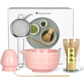 Matcha Set Komplett, Keramik Matcha Schale mit Ausgießer, Bambus Matcha Besen, Keramik Besenhalter, Bambuslöffel & Pulversieb - Traditionelles Teezeremonie Set, Ideales für Matcha-Liebhaber