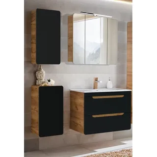 Badezimmer Set in seidenmatt anthrazit mit Wotan Eiche Nb. NEW-LUTON mit 81 cm Keramik-Waschtisch & LED-Spiegelschrank, B/H/T ca. 130/200/46 cm - Grau