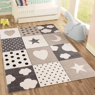 Kinderteppiche Patchwork Herz Sterne Wolke | Kinderteppich für Mädchen und Jungs | Teppich für Kinderzimmer | Farbe: Blau, Grau & Rosa | Schadstofffrei Kinderzimmerteppich (Grau, Ø 150 cm Rund)