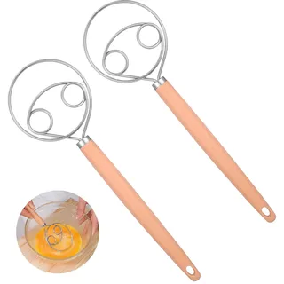 TIESOME 2 Stück Dänischer Teigbesen, Edelstahl Teigrührer mit langem Holzgriff 34 cm Schnelles Mischen für Brotteig, Sauerteig, Danish Whisk Brotbackzubehör