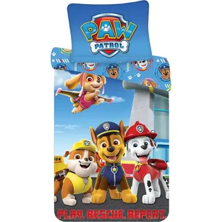 Paw Patrol Kinder Bettwäsche Marshall Chase Rubble Skye Play Rescue Repeat 140x200 cm Bettdecke 70x90 cm Kopfkissen, 100% Polyester - Rosa