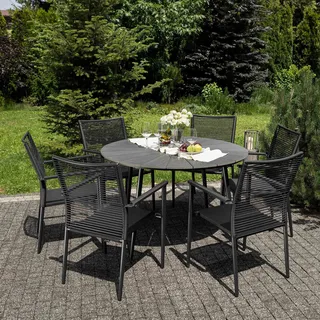 di volio Gartenmöbel ARPINO, runder Gartentisch mit 6 Stühlen - Set, Essgruppe für 6 Personen, langlebig & wetterfest, aus robusten Materialien - Schwarz, Grau