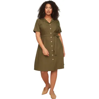 TRENDYOL Damen Women Plus Size Mini Shirt Dress Relaxed fit Woven Plus Size Dress Damen Mini-Hemdkleid in Übergröße Lässig geschnittenes, gewebtes Kleid in Übergröße, Khaki,