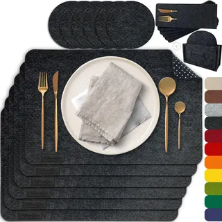 MAHEWA® 6er Set Premium Tischset Platzset aus Filz rutschfest Ab-waschbar und Waschmaschinenfest Eckige Platzdeckchen (Anthrazit, 6er Set mit Zubehör)