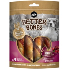 BetterBones – weicher Kausnack für Hunde, ohne Rohhaut, umwickelte Rollen mit Ente mit Cranberry, 12,5cm, 4er Pack