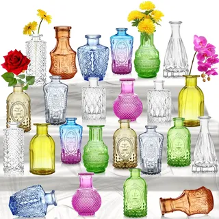 Kleine Vasen Set mehrfarbig 24Stück Mini Vase Glas Vintage Hochzeit Kristalle Klare Blumenvase Verschiedene Groessen Modern Schmal Glasvasen Tischdeko Fur Blumen Deko Wohnzimmer Bad Muttertagsgeschenk