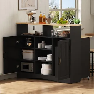 Merax Kücheninsel Servierwagen, mit Faltbar Arbeitsplatte, auf Rollen, 2 Hocker, Sideboard Kommoden mit Stauraum, Küchenwagen, Holzoptik, Schwarz - Schwarz