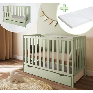 ZEE BAMBI Mint Babybett 120x60 cm 2in1 mit Matratze, Schublade & Schutzbarriere Klassisches Gitterbett 3-Fach Höhenverstellbar Kinderbett - Türkis