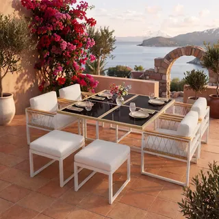 7-teiliges Gartenmöbelset für 6 Personen – Tisch mit gehärteter Glasplatte, Polyesterseil & WPC-Handläufen, Terrassenmöbel-Set für Terrasse & Garten - Weiß