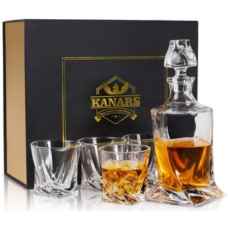 KANARS Whisky Karaffe und Gläser Set, 800 ml Bleifrei Kristall Whiskey Dekanter mit 4x 300 ml Gläsern, 5-Teiliges, Geschenkbox