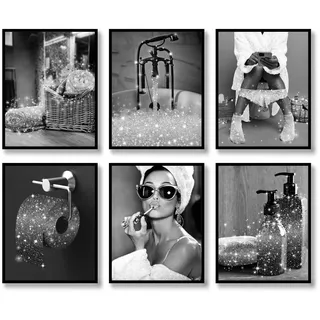 Modische Wandkunst, Badezimmer-Wanddekor, Set mit 6 schwarzen und weißen Glitzer-Leinwandpostern, Bildern, Fotos, Kunstwerk, Wanddekoration, moderne Frauen, lustig (schwarz und weiß, 27,9 x 35,6 cm