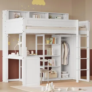 Ball & Cast Hochbett (90x200cm) Kinderbett mit Fallschutz und Treppe, Etagenbett mit Tisch und Schrank, ohne Matratze, Weiß
