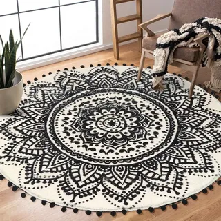 Uphome Boho runder Teppich für Schlafzimmer, 10,2 cm, runder Teppich mit Pompons, Fransen, waschbar, Mandala-Akzent, Überwurf, Teppiche, rutschfest, weiche Bodenmatte für Wohnzimmer, Sofa,