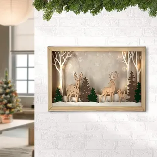 GILDE Wandobjekt LED Foneva, Holz, naturfarben, Hirsch- und Waldmotiv, quadratisch, 30x50x5 cm