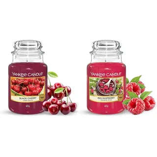 Yankee Candle Duftkerze im Glas (groß) – Black Cherry – Kerze mit langer Brenndauer bis zu 150 Stunden & Duftkerze im Glas (groß) | Red Raspberry | Brenndauer bis zu 150 Stunden
