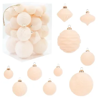 STEEIRO 35 Stück Samt Weihnachtskugeln Set – Kunstoff Velvet Weihnachtskugeln Samt, Weihnachtsbaumkugeln mit Haken für Weihnachtsbaum, Feiertage, Partys, Zuhause, Dekoration (Beige)