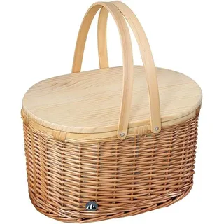 Picknickset für 4 Personen mit braunem Korbkörbchen und Holzdeckel, Kühlbox, Tellern, Besteck und Gläsern - Weiß