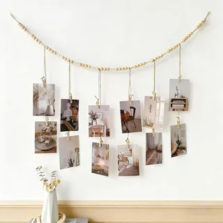 MYLERCT Fotokette mit Klammern, Bohemien Stil Fotogirlande Geburtstag, mit Holzperlen Fotos Aufhängen Ideen, mit 12 Klemmen, für Wohnheime, Schlafzimmer, Wohnzimmer
