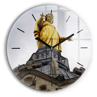 Wallfluent Große Wanduhr – Stilles Quarzuhrwerk - Uhr Dekoration Wohnzimmer Schlafzimmer Küche - Zifferblatt mit Striche - schwarze Zeiger - 60 cm - Statue der Muttergottes in Lyon - Gold