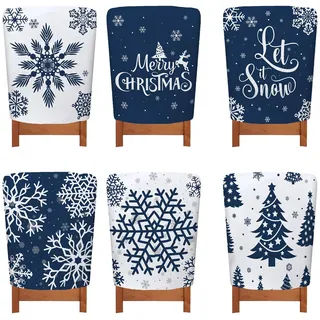 Treer Stuhlhussen Weihnachten 6er Set, Stretch Stuhlüberzug Weihnachten Abnehmbar, Weihnachtliche Stuhlbezüge für Küchenstühle Deko (6 Stück, Blau)