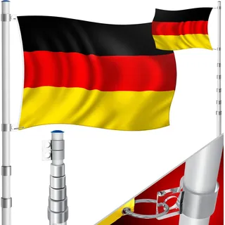 KESSER® Teleskop Fahnenmast Aluminium 6,30m Bodenhülse 60cm inkl Deutschlandfahne Höhenverstellbar Flaggenmast Mast Deutschland Flagge Alu (Silber) - Silber