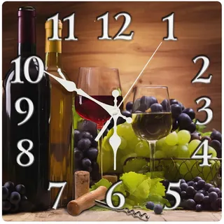 Britimes Wanduhr, quadratisch, leise, Nicht tickende Uhr, 30,5 cm, Gläser rot, weiß, Weintrauben, Heimdekoration für Wohnzimmer, Badezimmer, Schlafzimmer, Küche, Büro oder Schule