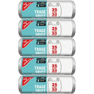 Gut & Günstig 150 Müllbeutel/Mülltüten mit Tragegriff, 25 Liter, 30 Stück pro Rolle, Reißfest & Flüssigkeitsdicht, Produkt & Verpackung recyclebar