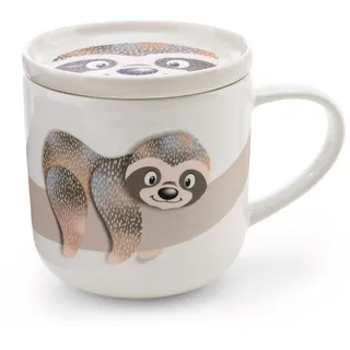 Tasse mit Deckel Faultier Izzy Icetumbler 400ml 9,5x9cm Porzellan mit Banderole - beige - Teetasse Kaffee-Tasse Porzellantasse Henkeltasse NICI Tasse Mug mit Henkel für Kalt- und Heißgetränke | 62463