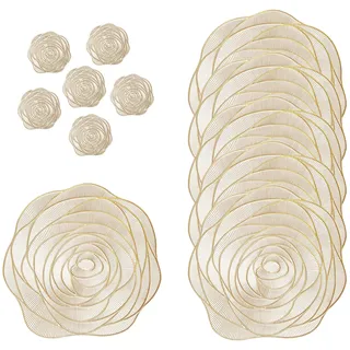 fanquare 6er Set Platzsets, Gold PVC Tischset rutschfest & Abwaschbar, Hochwertige Abendessen Speisematten, Europäischer Stil Rosé Blumen Design, Hitzebeständige für den Küchentisch, 38 * 38cm