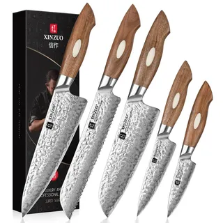 XINZUO AUS-10 Damaststahl Küchenmesser Set 5er, Japanischer Stahl Messerset Profi Hammerschlagoberfläche Kochmesser Set, Chef Santoku Brot Universal Obstmesser mit Schwarz Walnuss Holzgriff