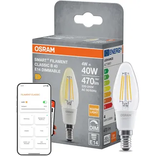 Osram SMART+ LED-Lampe B40, E14 Kerzenform, Filament klar, warmweiß 2700 K, dimmbar, kompatibel mit Alexa, Google Home, Matter über WiFi