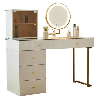 Schminktisch Set - Frisiertisch mit Spiegel - LED-Beleuchtung - Glasplatte - 5 Schubladen und Schränke - Ohne Hocker - 115×120×45 cm - Weiß