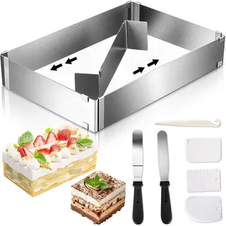 AiQInu Backrahmen Rechteckig Verstellbar, Backrahmen Eckig Verstellbar, Tortenring Eckig, Backblech mit Teiler und Spatel für Kuchen Torten Pizza (18.5x27.5 bis 34x52.5cm)