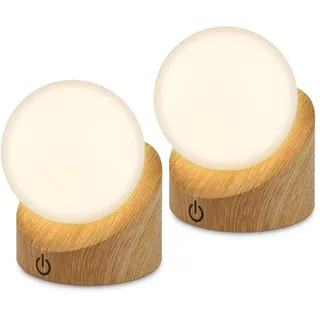 BRILONER - 2er Set Mini LED Tischlampe IP54, Touch, Kugel, Holzoptik | 2er Set, Dimmbar in Stufen, Nachttischlampe, Dekolampe, Outdoor Lampe, Akku Wechselbar, 2W, 150lm, 2.700K, 10x8x9cm, IP54