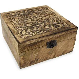 Tempelwelt Holzbox Schatulle Holzkästchen Indien 17x17x10 cm, Holz braun Schnitzerei, Schatzkistchen Schmuckkiste mit Klappdeckel Kiste Box