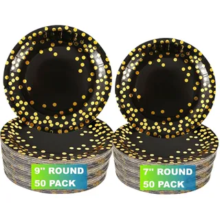 CEILIWEN Runde Einwegteller, Schwarz und Gold, 100 Stück Golden Dots Pappteller, 50 x 9 und 50 x 7 Partyteller, Speiseteller, Folie Polka Dots Schwarz und Gold Partyzubehör Teller