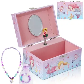 hombrima Musik-Schmuckkästchen mit Halskette, Armband, Musik-Schmuck-Aufbewahrungsbox mit drehender Ballerina, Geschenk-Set für Kinder, Mädchen, Kinder, Tochter (Rosa-Mermaid)