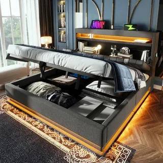 MODFU Polsterbett 160x200 Bettgestell mit Bettkasten mit Stauraum-Kopfteil und USB&Typ-C-Anschlüssen,Jugendbett Ohne Matratze mit LED-Beleuchtung,Grau - Grau