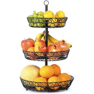 Chefarone Obst Etagere 3 Etagen – Großer Obstkorb & Etagere aus Metall Schwarz (34×34×52 cm) – Dekorative Obstschale & Aufbewahrung für Obst, Gemüse, Brötchen, Cupcakes, Küchenorganisation