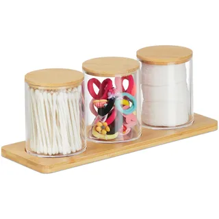 Relaxdays Wattestäbchenbehälter mit Tablett, 3 Becher m. Deckel, Kosmetik Organizer Kunststoff/Bambus, transparent/natur