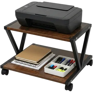 Relaxdays Druckerständer mit Rollen, 2 Ebenen, HBT: 28 x 44 x 28 cm, Rolltisch für Drucker, MDF & Metall, braun/schwarz