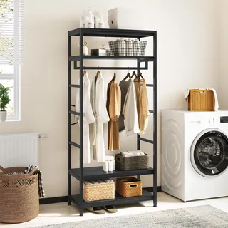 YITAHOME Garderobenständer, Hoher Garderobe, Industrieller Garderobenständer mit 4 Ablagen, Bodenstehende Kleiderstange mit Schuhablage, Kleiderständer für Flur, Wohnzimmer, Schwarz