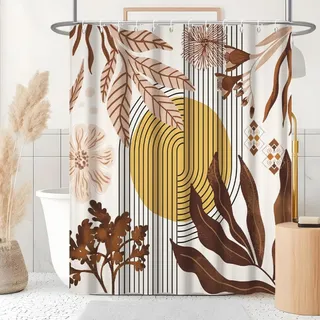 Uiiooazy Duschvorhang Boho Style, Duschvorhang 180x200cm Rosa Abstrakt Blumen Gelb Sonne Duschvorhänge Anti Schimmel Stoff Waschbar Wasserdicht Polyester Bad Vorhang mit 12 Haken für Badezimmer